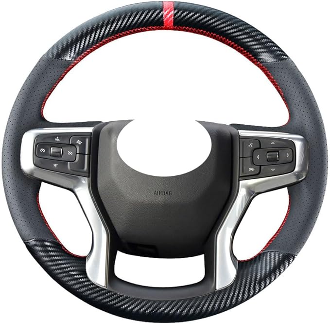 DIY Stitching Carbon Fiber Steering Wheel Cover for Chevrolet Chevy Blazer 2019-2022 / Silverado 1500 2019-2021 2500HD 3500HD 2020-2021 / Suburban Tahoe 2021 Black Leather Interior Accessories