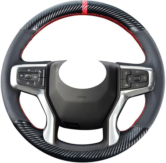 DIY Stitching Carbon Fiber Steering Wheel Cover for Chevrolet Chevy Blazer 2019-2022 / Silverado 1500 2019-2021 2500HD 3500HD 2020-2021 / Suburban Tahoe 2021 Black Leather Interior Accessories