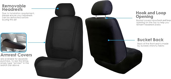 FH Group Automotive Seat Covers Unique Flat Cloth Black Full Set, Combo Steering Wheel Cover and Seat Belt Pads Rear Solid Bench Universal Fit for Vans Cars Trucks and SUV Interior Accessories