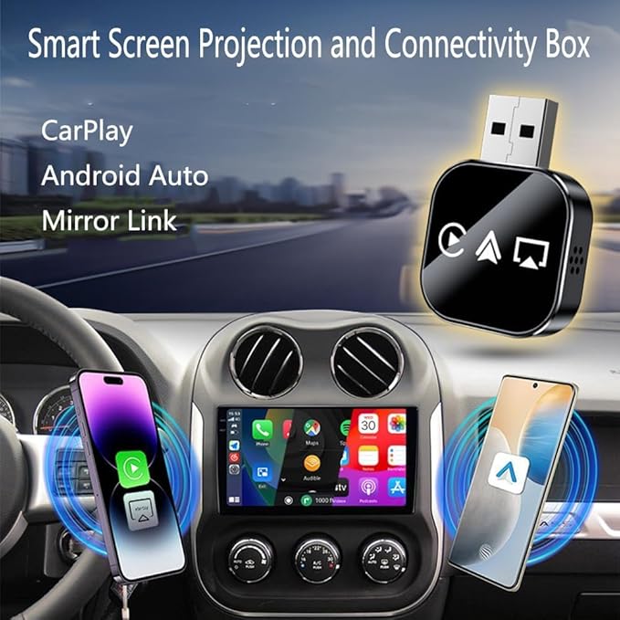 2026 Upgrade 3 in 1 Wireless CarPlay Adapter - Wired to Wireless Screen Mirror & Audio Link for iOS/Android, 2.4/5GHz WiFi & Bluetooth 5.0, Fast Stable Connection, Mini Design, Plug and Play