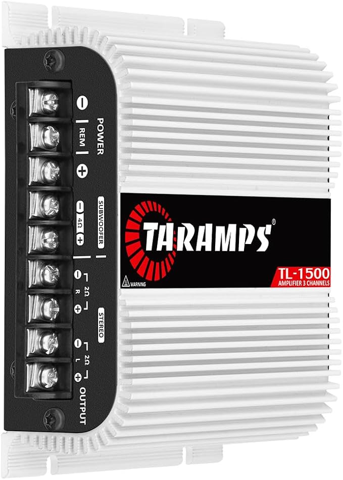 Taramp's TL 1500 Full Range 390 watts RMS 3 Channels Car Audio 2 Stereo Channels 1 Sub Channel Class D Amplifier, RCA/Wire Input, Bass Boost 13.8 VDC System, White