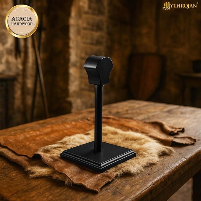 Medieval Wooden Helmet Display Stand (Set of 2) 16 Inch Black Acacia Wood Holders for Medieval, Viking, Spartan & Motorcycle Helmets | Solid Hardwood Rack for Hats, Wigs & Collectibles | Antique Finish
