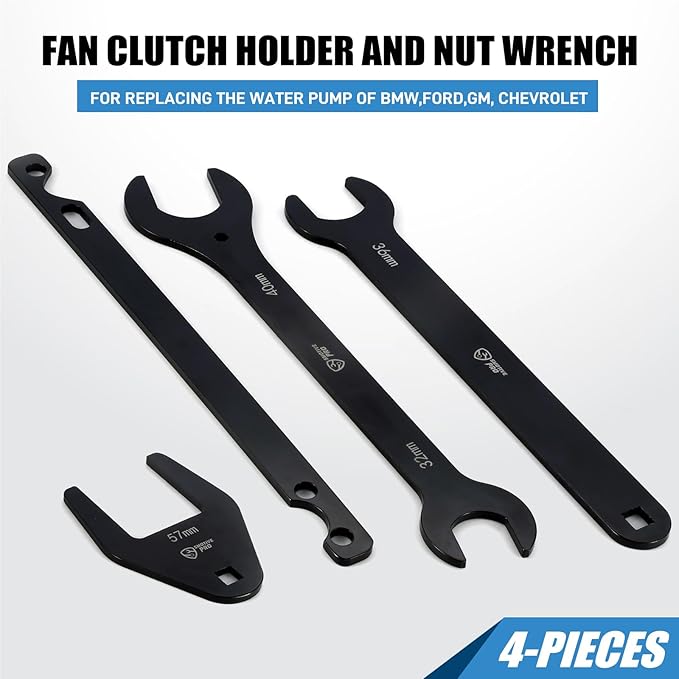 SMOTIVEPRO 4-Piece Fan Clutch Removal Tool Kit, 32mm 36mm 40mm 57mm Fan Clutch Wrench and 15" Water Pump Pulley Holder Removal Tool for BMW, Ford, GM, Dodge,Jeep
