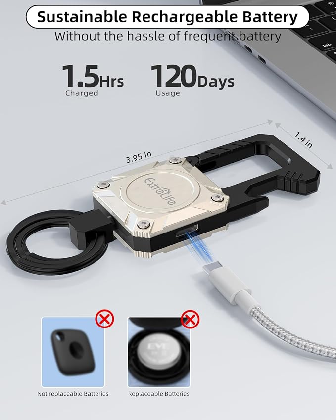 ExtreLife Keychain, Works with Apple Find My, Bottle Opener, Carabiner Car Key Chains with Gps Tracker