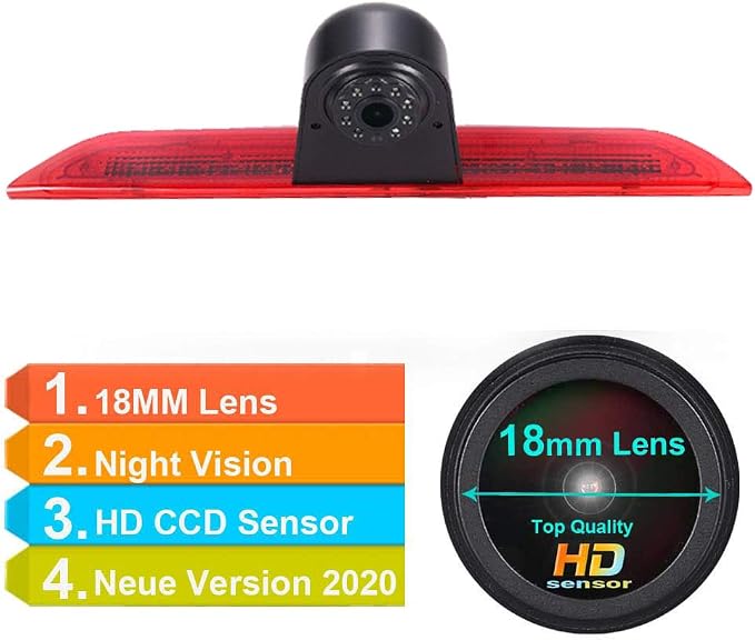 HD IP68 Brake Lamp Rear View Backup Camera Angle and Distance Adjustable Compatible with Ford Transit tourneo Custom Jumbo Kasten V363 F150 F250 F350 V636 MK8/V362 Bus (Camera+7''Monitor)