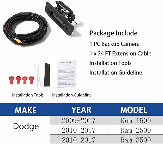 Anina Tailgate Handle Backup Camera for Dodge Ram 1500 2500 3500 (2009-2017) Reverse Rear View Camera to Replace Factory Door Handle Parking Camera Directly Install W/ 26ft Extension Cable Cord