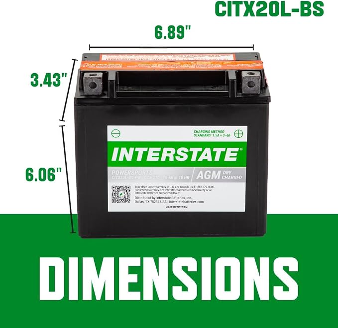 Interstate Batteries YTX20HL-BS 12V 18Ah Powersports Battery 270CCA High-Performance AGM Rechargeable Replacement for Motorcycles, ATVs, UTVs, Jet Skis, Snowmobiles (CITX20L-BS-PW)