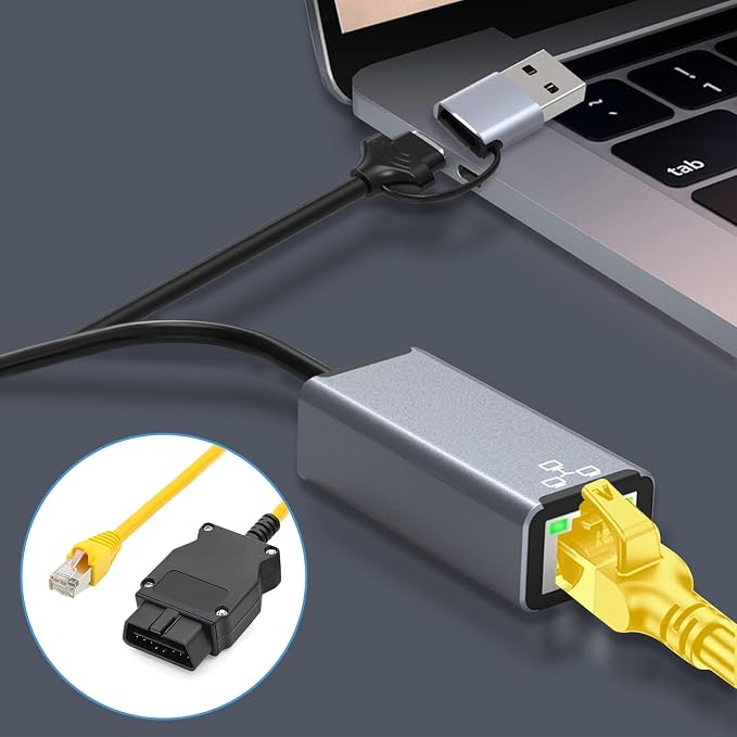 Enet Cable BMW with USB/Type-C to RJ45 Ethernet Adapter, Fit for BMW F-Series G-Series Vehicles Diagnosis & Coding, Compatible with E-SYS ISTA+ Bootmod3 Bimmercode Software Diagnostic Tool