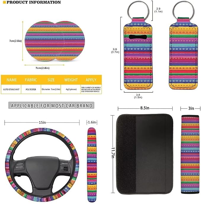 Universal Baja Saddle Blanket Colorful Stripe 12 Pcs Auto Accessories Car Seat Covers Full Set,Steering Wheel Covers,Seat Belt Pads,Key Chain,Lipstick Holder and Coaster for Vans Car