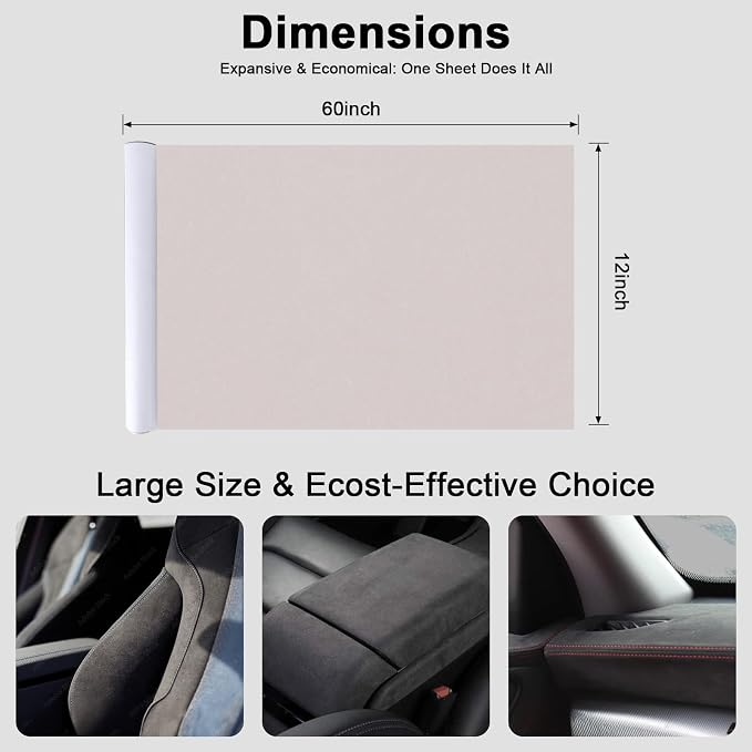 Premium Beige Suede Fabric Wrap - 12x60 inch Suede Wrap for Car Interior - Self-Adhesive Microfiber and Synthetic Leather, Stretchable Interior Film for Car and Home Decor