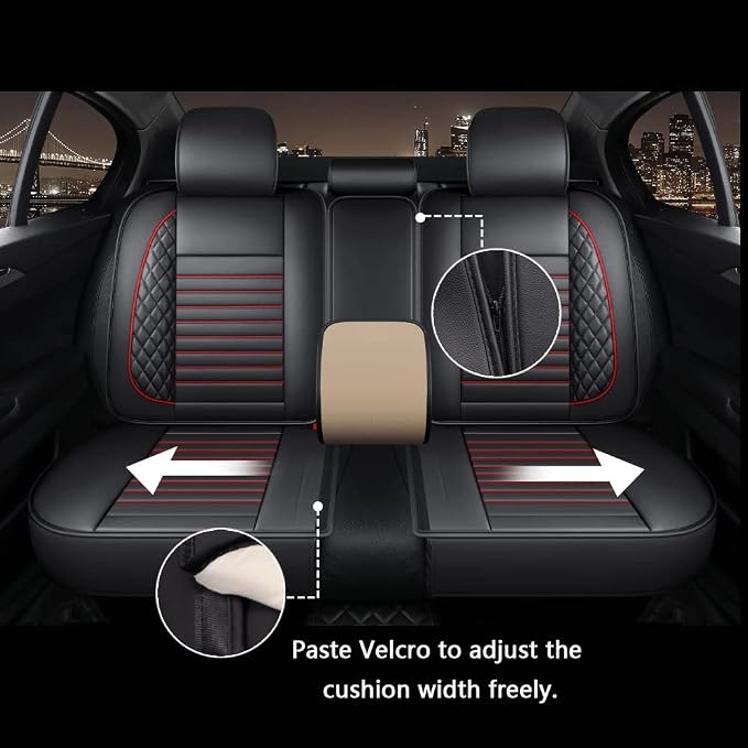 otoez Car Seat Covers Full Set, Black Leather Seat Cover Universal Fit for Most Car SUV Sedan Pick-up Truck, Waterproof Automotive Front and Back Seat Protector (Red+Black)