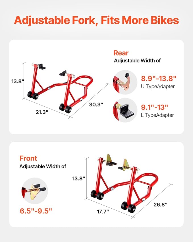 VEVOR Motorcycle Stand Lift, 850lbs Capacity Front Rear Combo Stand Lift, Front Wheel Dual-Fork Stand, Rear U+L Fork Swingarm Spool Stand, for Most Yamaha Honda Kawasaki Suzuki Motorcycles, Red