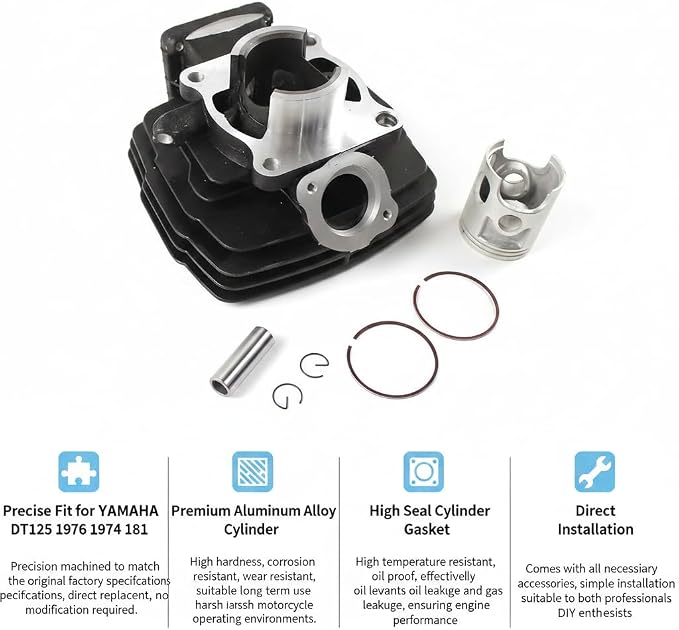 Top End Rebuild Kit Cylinder Piston 56mm Bore for Yamaha DT125 1974-1981, Engine Rebuild Kit with Gaskets Rings - Replacement for DT125A DT125B DT125C 1974-1981