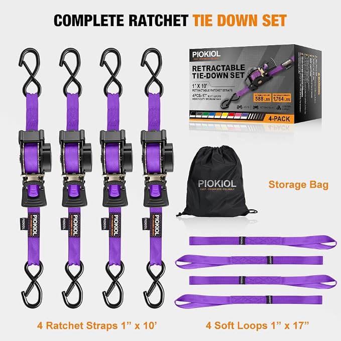 Retractable Ratchet Straps (4-Pack) - 1 Inch x 10 Feet (1,764lb Break Strength) - Heavy Duty Auto Self Retracting Tie Down Straps for Truck, Cargo Trailer, Motorcycle, ATV, UTV – Purple