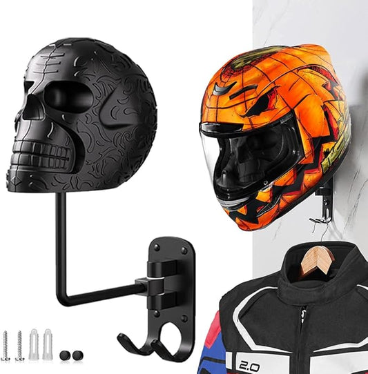 SANGMO Metal Skull Helmet Holder, Motorcycle Helmet Rack 180 Degree Rotation Wall Mount with 2 Hooks for Motorcycle Bike Baseball Rugby - Black