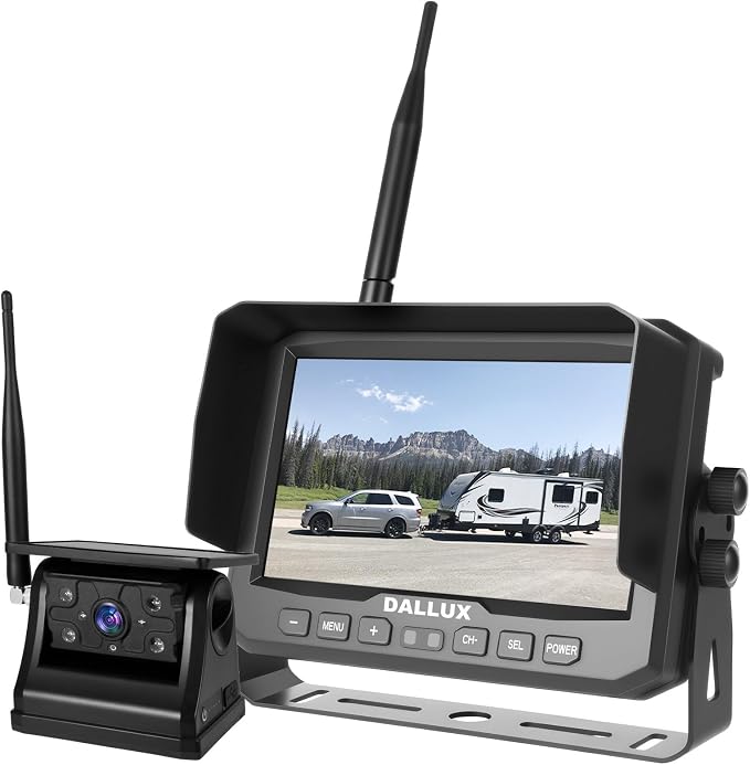 DALLUX Solar Wireless Backup Camera Monitor System Kit, 7 inch DVR Monitor+HD IP69K Waterproof Night Vision Rear View Reverse Camera for Van Trailer 5th Wheel Pickup RV Campers Motor Home