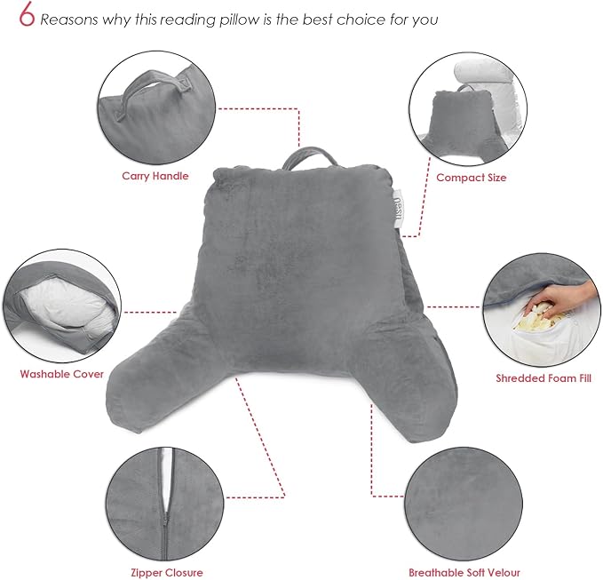 Nestl Reading Pillow with Shredded Memory Foam, Designed for Sitting Up in Bed and Couch, Back and Arms Adjustable Support for Adult & Teens Backrest Pillows for Reading, with Washable Cover Grey