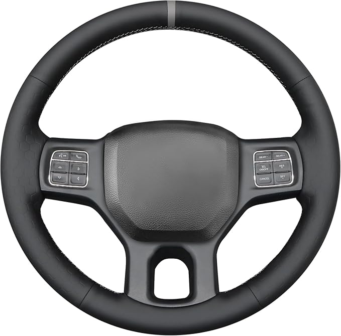 MEWANT Hand Sew Black Solid Embossed Artificial Leather Steering Wheel Cover for Dodge RAM 1500 2012-2018 1500 Classic
