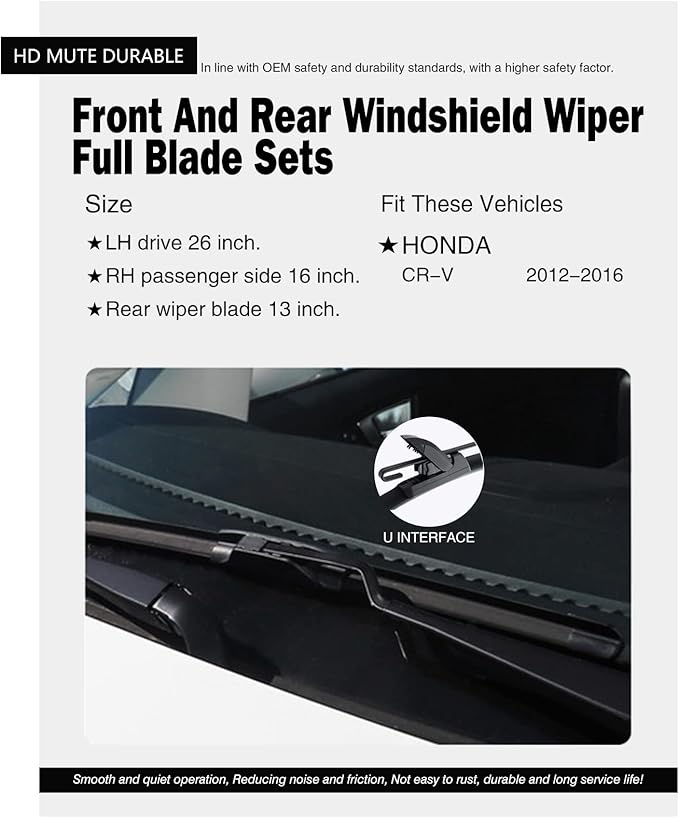 Replacement for Honda CR-V 2012-2016 Silent Wipers -FAPIUO Front and Rear Windshield Wipers 26"/16"+13" Full Blade Set (3 Pack)