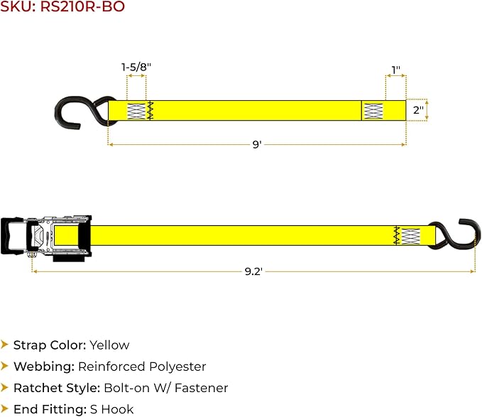 Mytee Products 8 Pk 2"x9.2' Bolt on Yellow Retractable Ratchet Straps for Cargo - Coated S Hook Auto Retract Ratchet Straps - Self Ratcheting Strap for Boat Tie Down to Trailer & Jet Ski, ATVs, Bikes