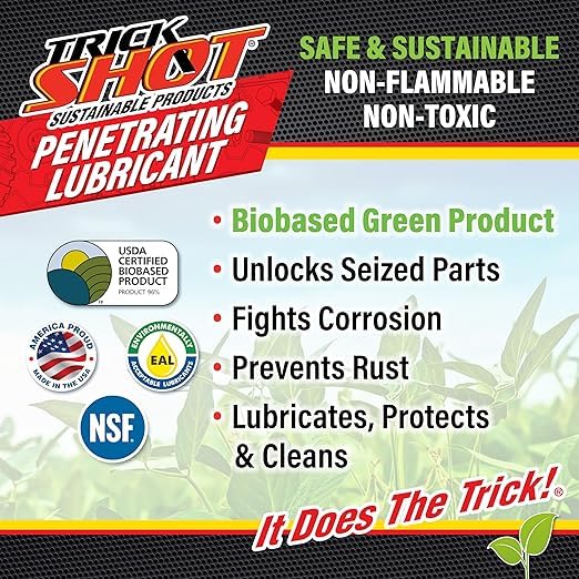 Trick Shot - 3-in-1 Penetrating Lubricant Oil - Biobased Food Grade Industrial Oil for Parts, Rust & Corrosion Remover, Anti-Seize Lubricant Protects Metal Surfaces, Degreases & Cleans - 16 oz, 6-Pk