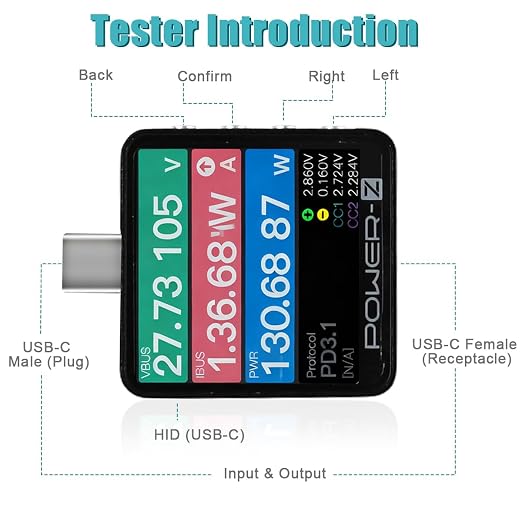 KM003C USB-C Tester PD3.2 Fast Charging Diagnostic Analyzer Tool | 1.54 Inch LCD Display, 20 Bit ADC Resolution, ARM Cortex-M4 Processor, 50V 6A 240W Max Power, Type-C Voltmeter Component