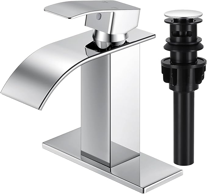 Chrome Bathroom Faucets, Waterfall Bathroom Sink Faucet Modern Single Handle Bathroom Faucte 1 or 3 Hole, RV Mixer Tap Vanity Faucet - Includes Pop-up Drain Supply Hoses Deck Plate