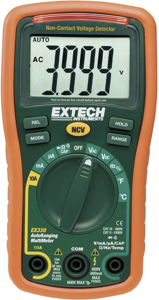 Extech EX330 Autoranging Mini Multimeter with Built-in Non-Contact Voltage Detector - 12 Function Digital DMM with Type K Temperature, Frequency, Capacitance - 4000 Count LCD and Protective Holster | AC/DC V/A, resistance, capacitance, frequency, Type ...