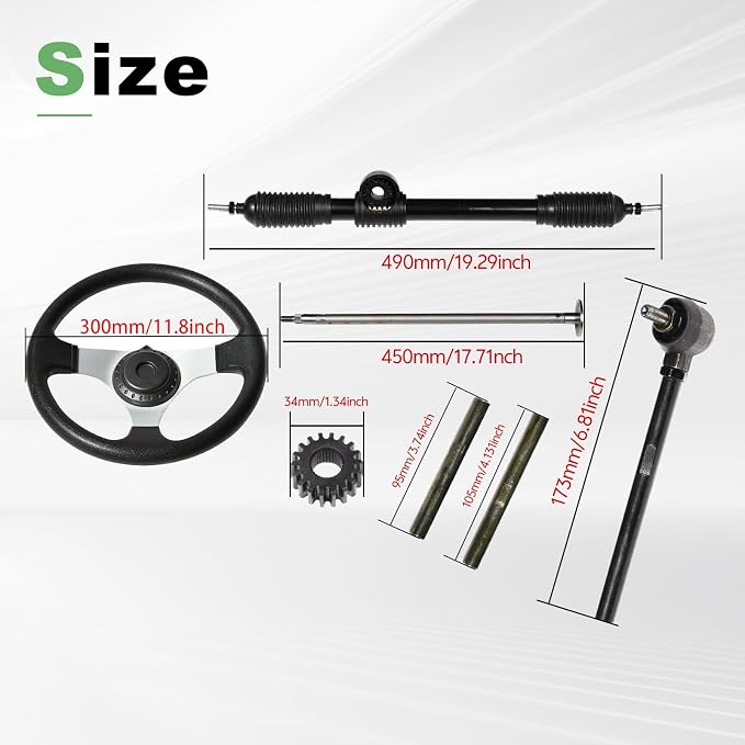 JNDO Go Kart Steering Gear Assembly 17.7" steering shaft + 19.3" rack and pinion steering + 6.9" Tie Rod End + 11.8" steering wheel for Coleman KT196/CK196 196cc Kandi 110cc