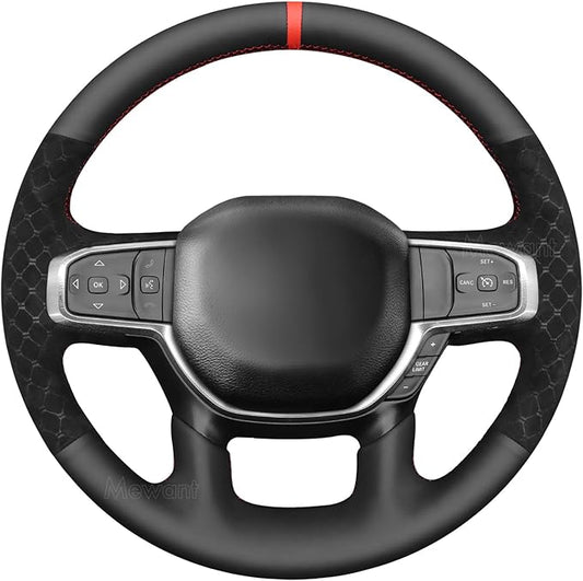 MEWANT Hand-Stitched Steering Wheel Cover Wrap for Dodge Ram 1500 2019-2023 Steering Wheel Accessories for Dodge Ram(Backsides Without Buttons)