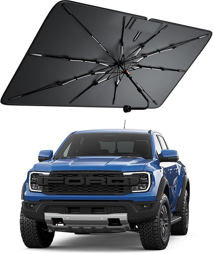 Windshield Sun Shade for Ford Ranger 2000–2026, Foldable Umbrella Sunshade with 100% UV Block, Multi-Layer Heat Insulation, Reinforced 10-Rib Frame, Keeps Car Cooler, Summer Car Accessory