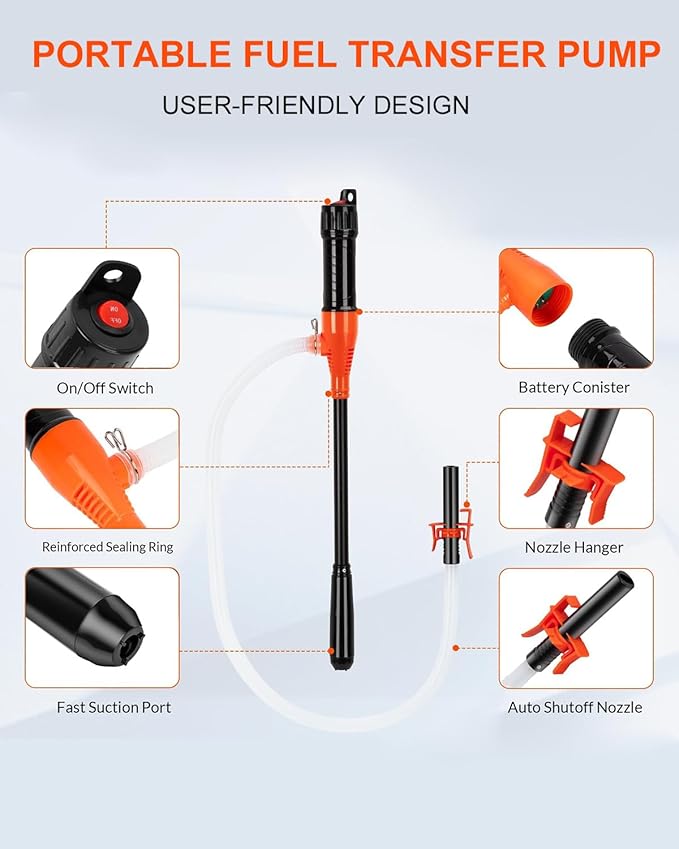 Portable Transfer Pump Battery Operated Electric Siphon Pump for Gas, Fuel, Diesel, Water Transfer 2.4 GPM Flow Oil Extractor -Easy to Use Hand Fuel Pump, Multi-Use Siphon Fuel Transfer Pump