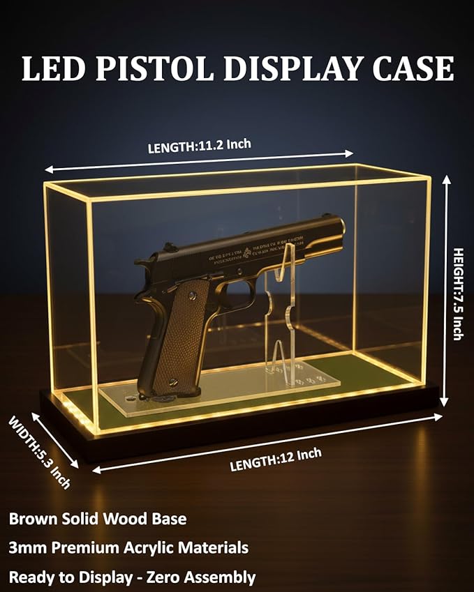 Premium Acrylic Pistol Display Case with Amber Yellow LED Light, Solid Wood Base & Built-in Stand | UV Resistant Pistol Display Box for Gun Collector, Fits Most Pistols - 12" x 5.3" x 7.5"