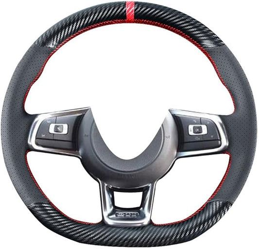 DIY Stitching Carbon Fiber Steering Wheel Cover for Volkswagen VW Golf GTI 7 MK7 Golf R Jetta 2.0T GLI 2015 2016 2017 2018 2019 2020 2021 Black 15 inches Leather Interior Accessories