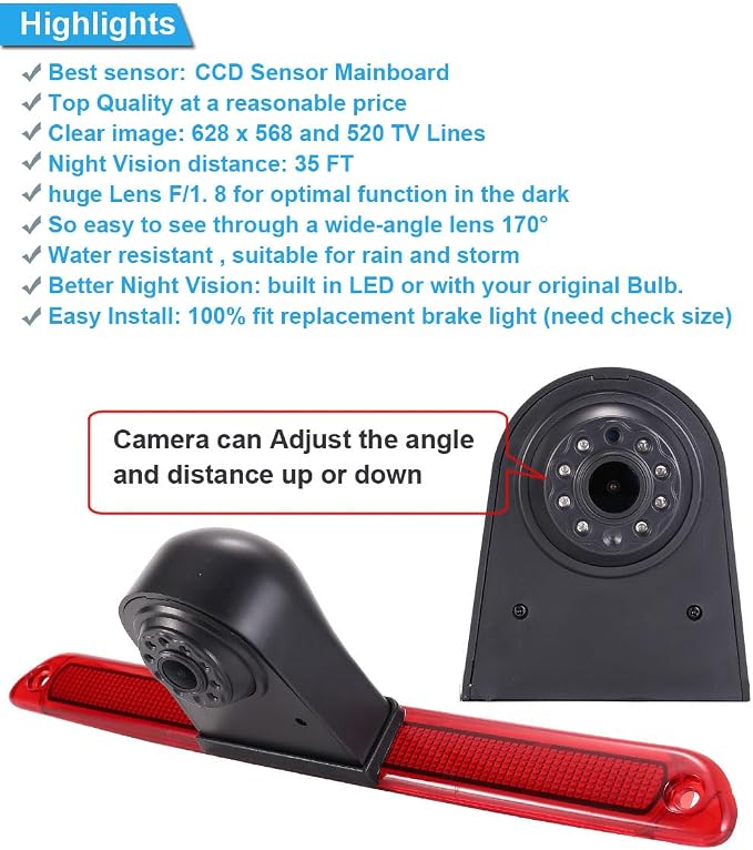 1280 * 720 Pixels Car Third Roof Brake Lamp Rear View Backup Camera Replacement for VW Crafter Caravelle 2007-2015 Mercedes Benz Sprinter W906 OEM:A9068200456 2DA009511+4.3" Reverse Mirror