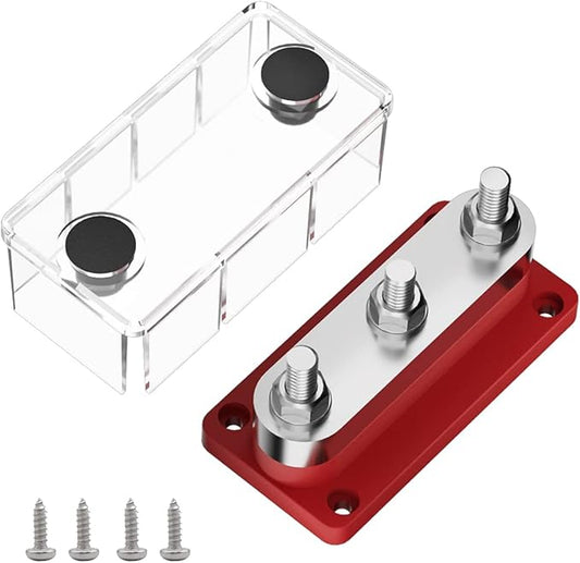 600A Power Distribution Block Bus Bar with Cover Marine Bus Bar, Automotive, and Solar Wiring 3x3/8 M10 Studs Red