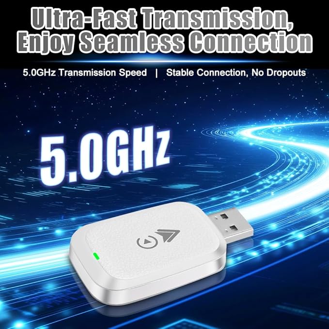 High Speed 5.0GHz CarPlay Adapter,U Disk Style, Fast Response Stable Connection, for iOS, with for Voice Assistant, OTA Online Upgrade Feature (White)