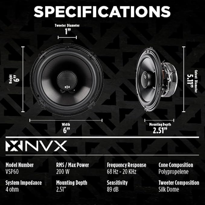 NVX® VSP60 6" Premium Car Speakers, 600W Max, 200W RMS, 2-Way 6 inch Coaxial w/ 1" Silk Dome Tweeters & Built-in X-Overs, Easy to Install in Cars/Trucks/Doors (Pair)