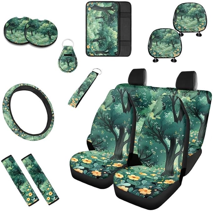 Forest Plumeria Hand Drawing Car Seat Covers of 13 Pack Ultra-Soft Universal Tree Art Painting Fit for Cars Keychain Coaster for SUV Sedan Van