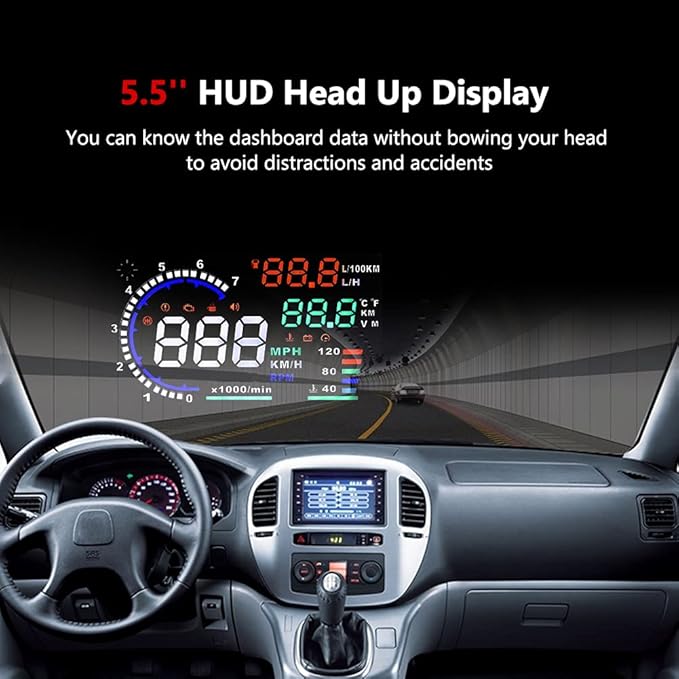 5.5'' HUD Head Display, Windshield Screen Projector Vehicle Speed, Hud Overspeed Alarm, Km/h MPH, OBDII/EUOBD Interface Plug Car Hud Screen