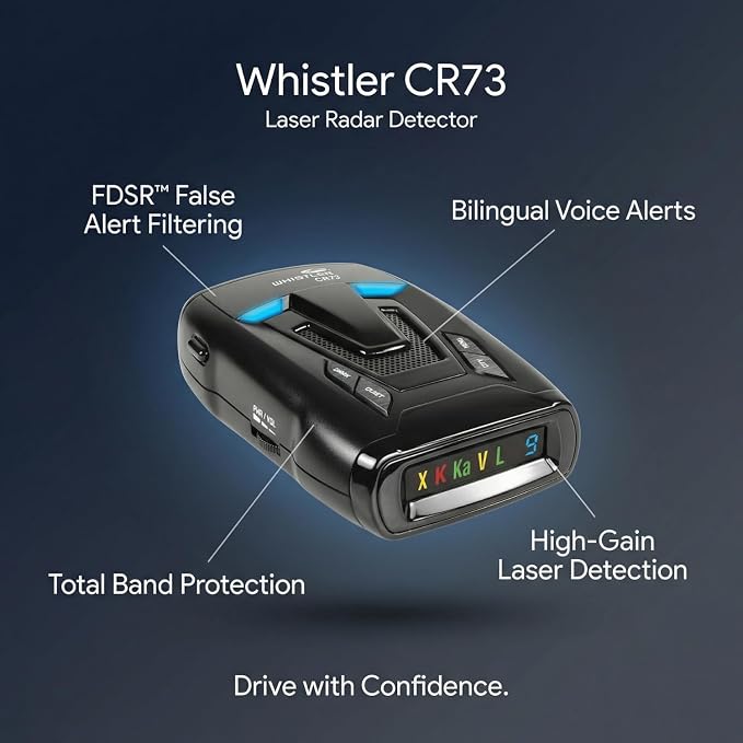 Whistler CR73 High Performance Laser Radar Detector: 360 Degree Protection and Bilingual Voice Alerts, Black