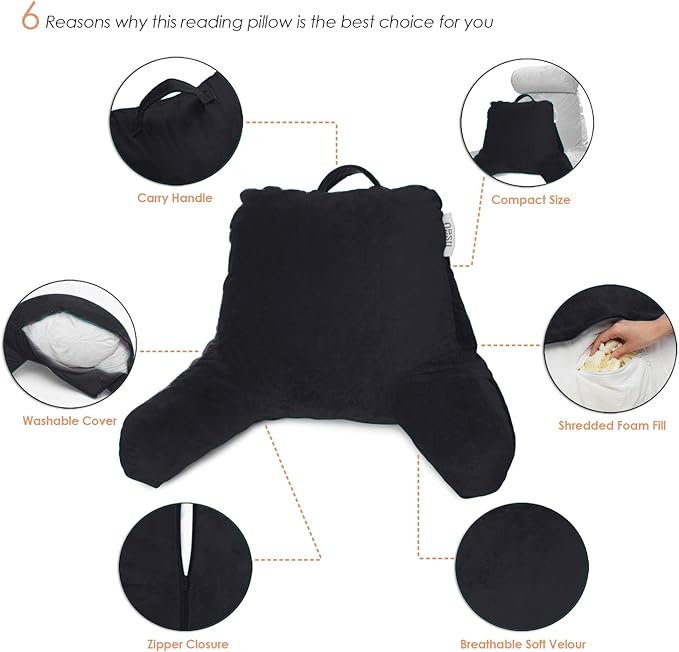 Nestl Reading Pillow with Shredded Memory Foam, Designed for Sitting Up in Bed and Couch, Back and Arms Adjustable Support for Adult & Teens Backrest Pillows for Reading, with Washable Cover Black