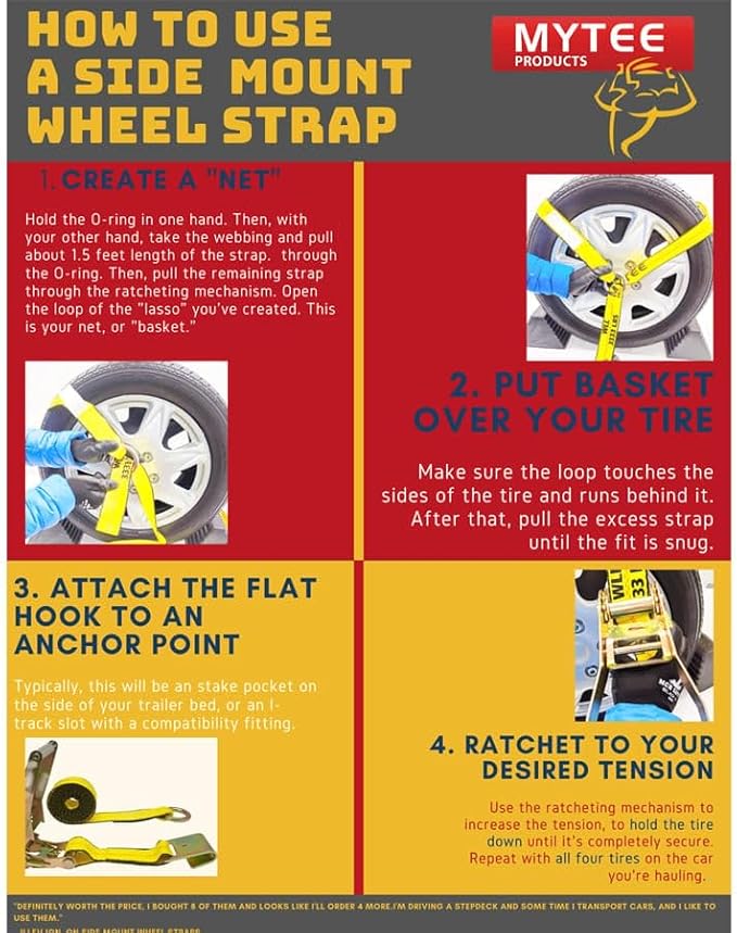 Mytee Products (8 Pack 2" x10' Lasso Ratchet Strap with J Finger Hook Wheel Net Auto Tow Towing Car Hauler Down