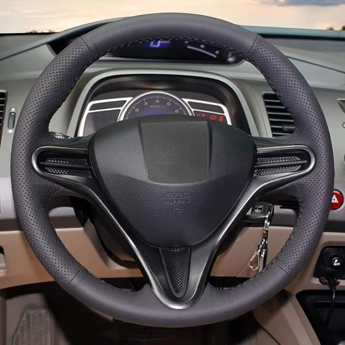 Loncky Black Genuine Leather Carbon Fiber Steering Wheel Cover for Honda Civic 8 2006 2007 2008 2009 2010 2011 Car Custom Fit Hand Stitched OEM DIY Suede Car Interior Parts Accessories