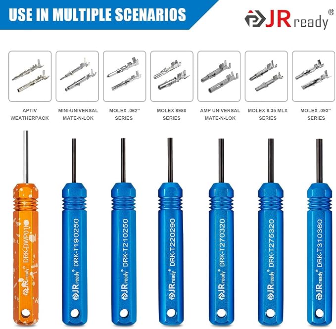 JRready ST5252 Pin Removal Tools Kit for AMP/Molex .062" & 0.093" Pins and Socket Contact Connectors, Delphi Weatherpack/Molex Pin Extractor Tool kit 7PCS Size