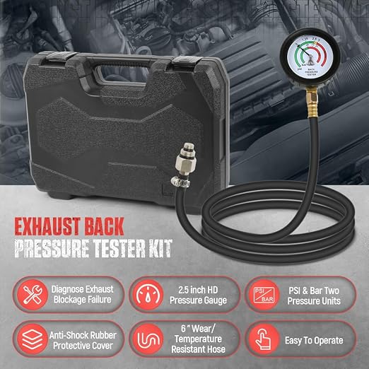 Exhaust Back Pressure Tester Kit with Carrying Case,Professional Automotive Exhaust Back Pressure Gauge Kit with 6-Foot Hose,2.5" HD Gauge,M12 & M18 Adapter