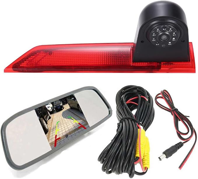 Car Third Roof Top Mount Brake Lamp Reverse Camera Sprinter Brake Light Backup Rear View Camera with 4.3 inch LCD Mirror for Ford Transit Custom 2012-2016