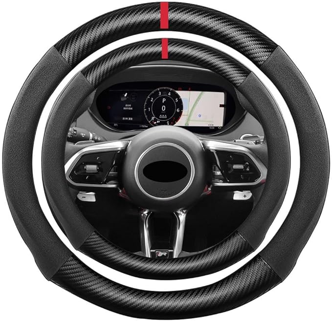 Suede Carbon Fiber Steering Wheel Cover, Compatible with E-PACE F-PACE F-Type XE XF XJ I-PACE 15 inch Soft SuedeTouch Leather Sport Non-Slip Automotive Interior Accessories