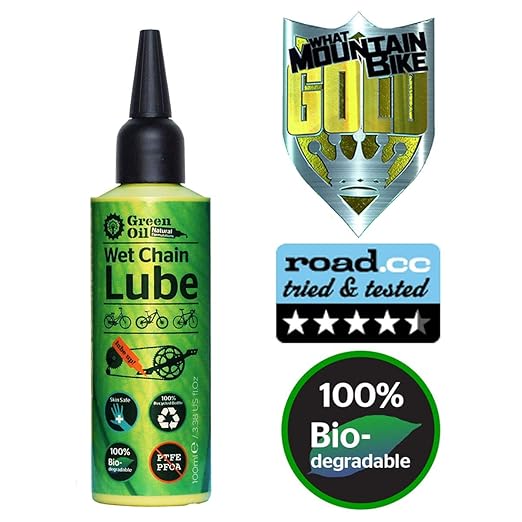GREEN OIL Cycle Chain Lube, 100 ml, Suited for All Bikes, Wet & Dry Conditions, Biodegradable, Natural, Eco Friendly, Skin Safe, Free of PTFE PFOA Palm Oil Petroleum, Award-Winning Lube, Made in UK