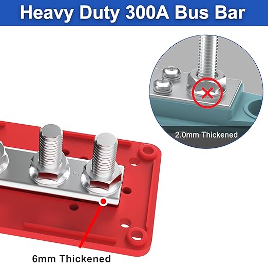Heavy Duty Bus Bar 300A 12V Power Distribution Block with 3/8" (M10) 4-Posts Terminals Block with Cover for Automotive, Marine, Battery System (Red)